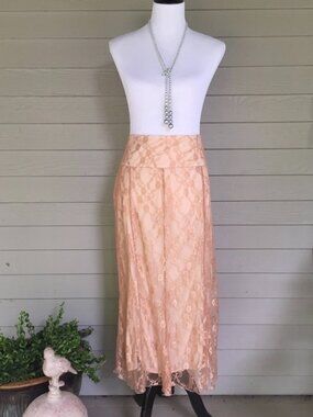 Vintage Worthington Rose Champagne Colored Lace Skirt, Vintage Long Lace Skirt